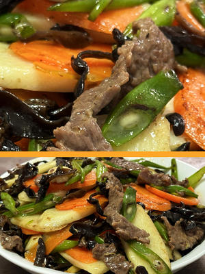 牛肉炒什锦素菜-木耳山药胡萝卜四季豆各种素菜一起炒-家常菜的做法 步骤8