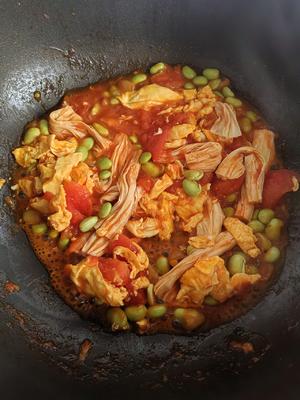 番茄鸡蛋炒腐竹毛豆的做法 步骤7